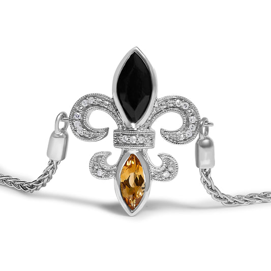 Brazalete bolo ajustable de plata de ley .925 con ónix negro marquesa, citrino naranja y acento de diamante, lariat de 4 a 10 pulgadas con flor de lis (color I-J, claridad I1-I2) - 7"