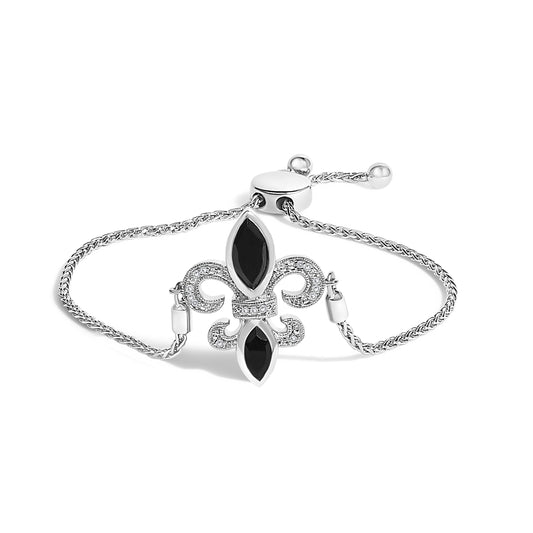 Brazalete bolo ajustable de plata de ley .925 con ónix negro de marquesa y acento de diamante de 4"-10" con flor de lis (color I-J, claridad I1-I2)