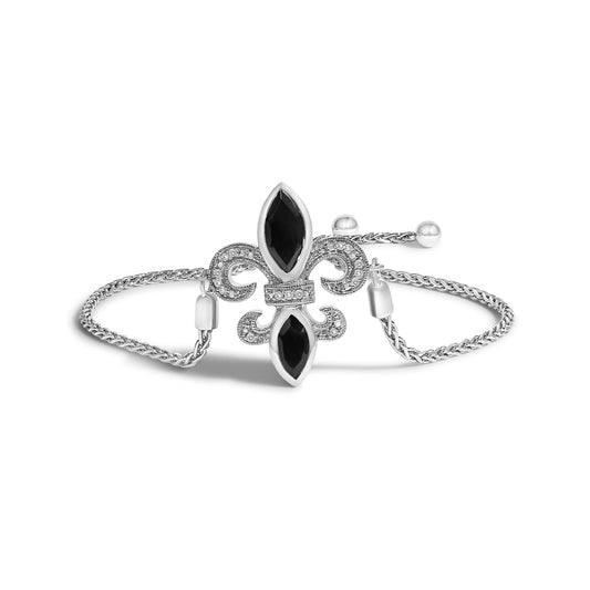 Brazalete bolo ajustable de plata de ley .925 con ónix negro de marquesa y acento de diamante de 4"-10" con flor de lis (color I-J, claridad I1-I2)