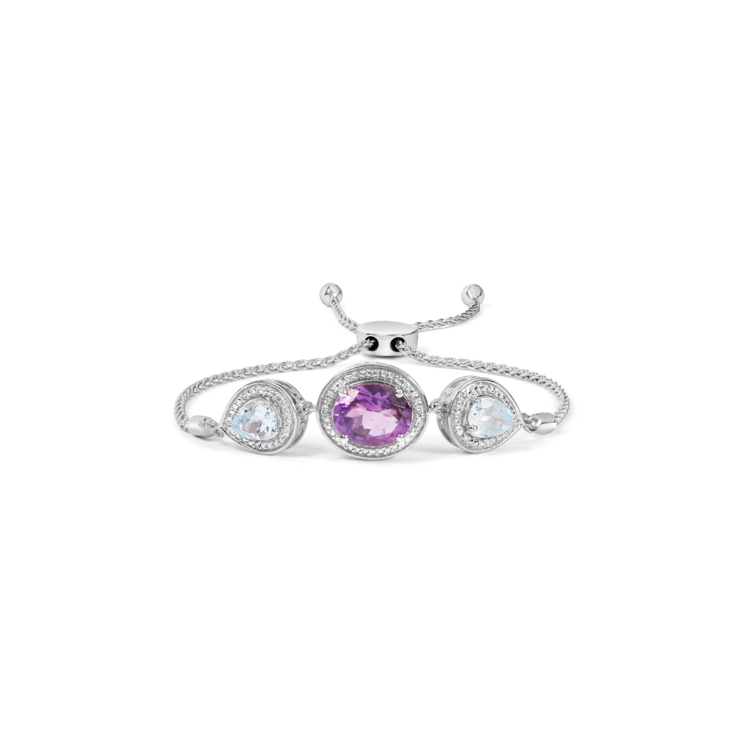 Pulsera de bolo ajustable de plata de ley .925 con amatista ovalada, topacio azul en forma de pera y acento de diamante de 4 a 10 pulgadas (color H-I, claridad SI1-SI2)