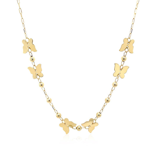 14k Yellow Gold 18 inch Necklace with Polished Butterflies and Beads