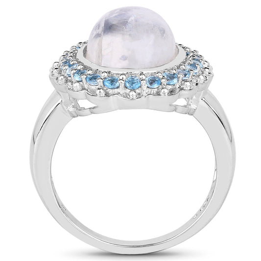 Anillo de plata de ley .925 con auténtica piedra lunar arcoíris blanca de 7.21 quilates y topacio azul suizo