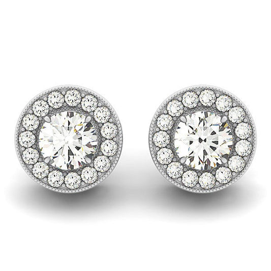 Pendientes de halo con borde milgrain de oro blanco de 14k con diamantes redondos (3/4 quilates en total)
