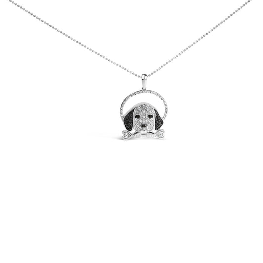 Collar con colgante de perro beagle y hueso con diamantes blancos y negros de plata de ley .925 de 1/4 qt (color I-J, claridad I2-I3) - 45.7 cm