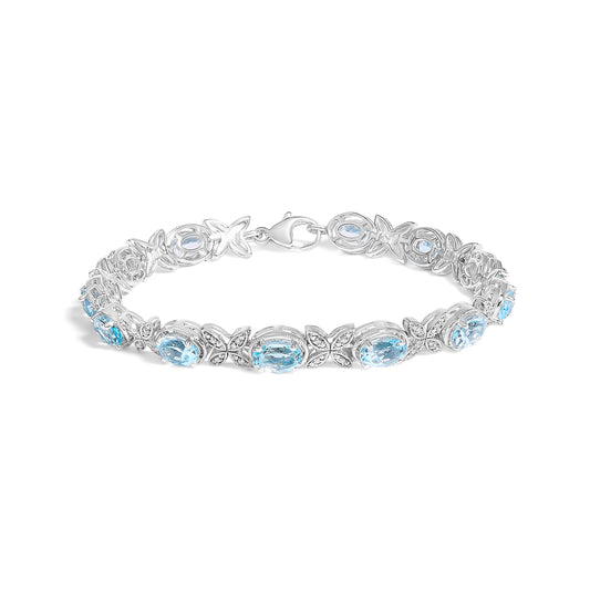 Pulsera de eslabones de plata de ley .925 con diseño de mariposa, topacio azul ovalado y diamantes (Color I-J, Claridad I1-I2) - 7" pulgadas