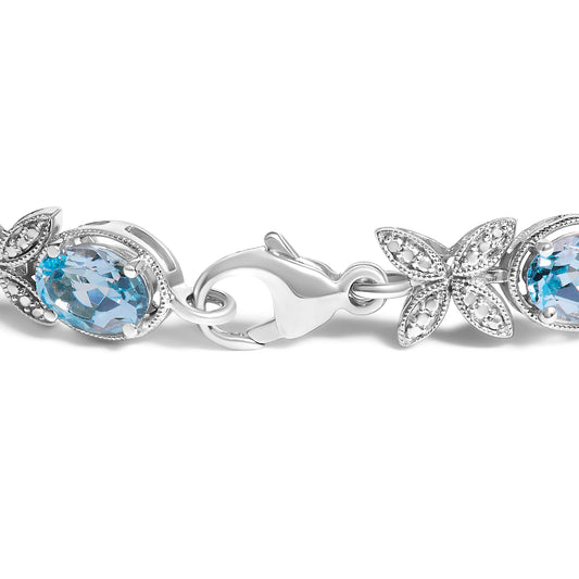 Pulsera de eslabones de plata de ley .925 con diseño de mariposa, topacio azul ovalado y diamantes (Color I-J, Claridad I1-I2) - 7" pulgadas