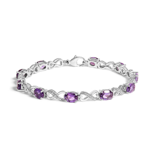 Pulsera de Eslabones Infinitos de Plata de Ley .925 con Amatista Púrpura Ovalada y Diamantes (Color I-J, Claridad I1-I2) - 7 pulgadas
