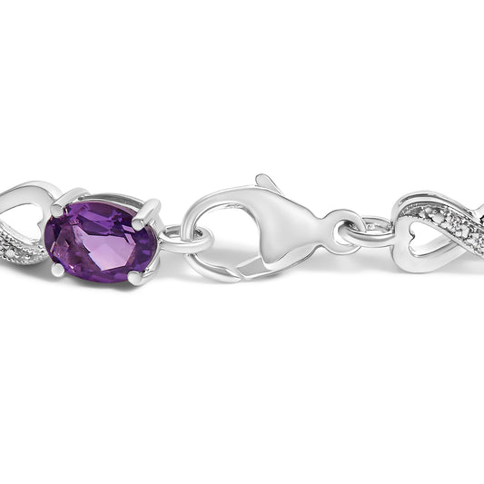 Pulsera de Eslabones Infinitos de Plata de Ley .925 con Amatista Púrpura Ovalada y Diamantes (Color I-J, Claridad I1-I2) - 7 pulgadas