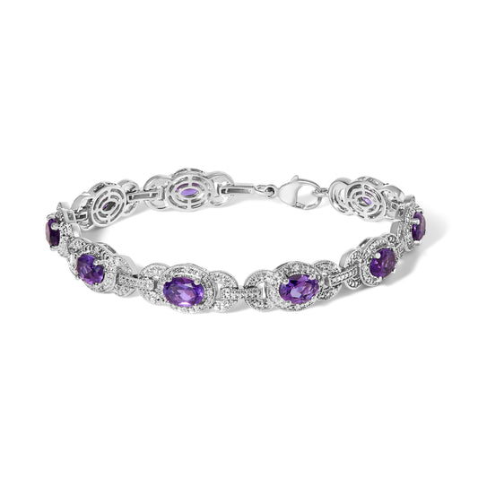 Pulsera de eslabones entrelazados de plata de ley con amatista morada ovalada y diamantes