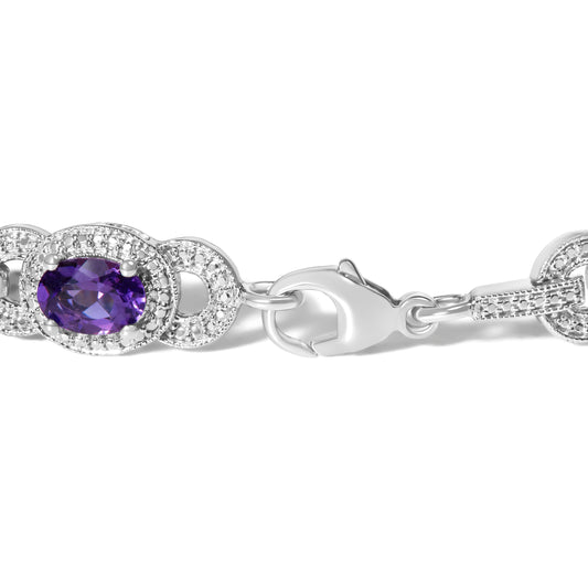 Pulsera de eslabones entrelazados de plata de ley con amatista morada ovalada y diamantes