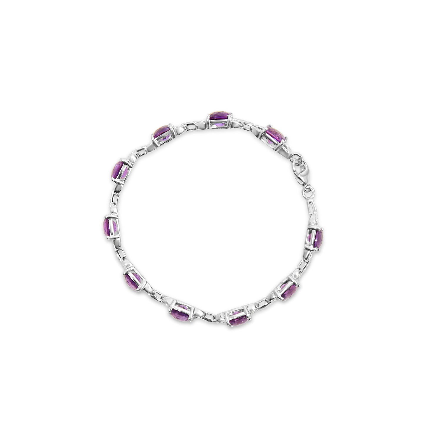 Brazalete tipo tenis de plata de ley .925 con amatista talla cojín de 7 mm y diamantes (color I-J, claridad I1-I2) - Talla 7"