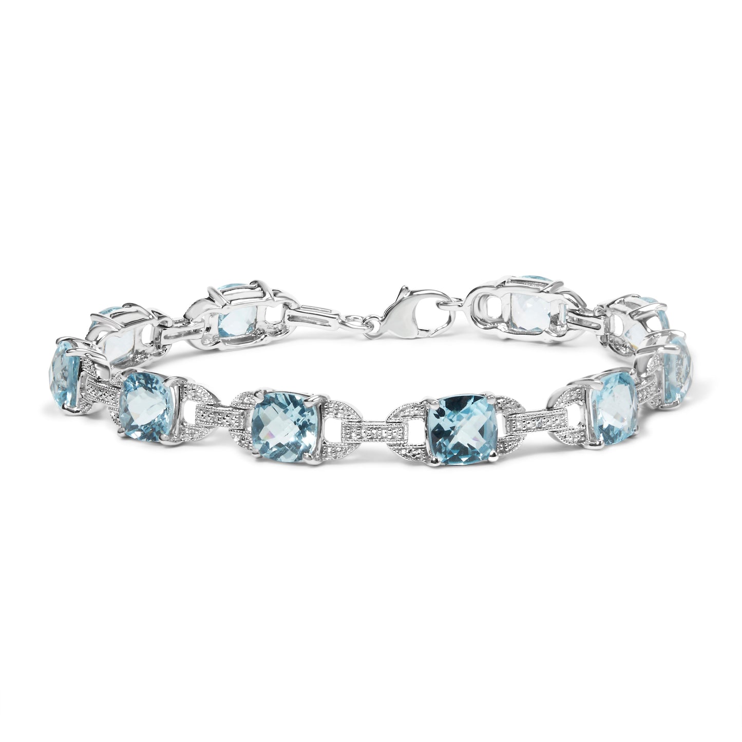 Pulsera de tenis de moda de plata de ley .925 con topacio azul de talla cojín de 7x7 mm y diamantes redondos de 1/20 quilates (Color I-J, Claridad I1-I2) - 7"