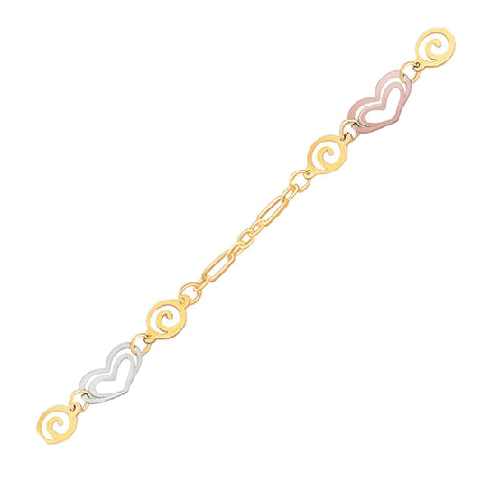 Tobillera de oro tricolor de 14k con estaciones de corazón multicolor