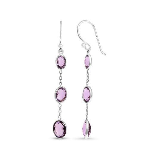 Aretes colgantes de plata esterlina .925 con amatista ovalada morada, corte damero, de 5 cm (2 pulgadas)
