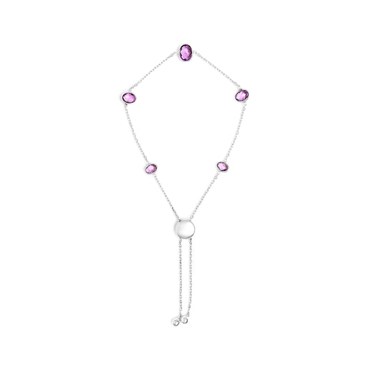 Brazalete bolo ajustable de plata de ley .925 con amatista púrpura engastada en bisel de 5 estaciones