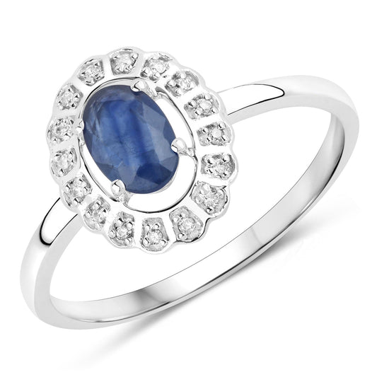 Anillo de oro blanco de 14K con zafiro azul genuino de 0,52 quilates y diamantes blancos