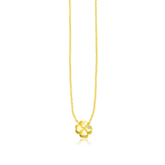 Collar de trébol de cuatro hojas pulido de oro amarillo de 14k con diamante