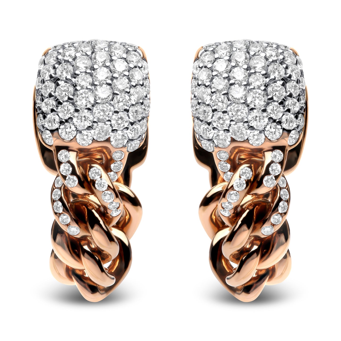 Pendientes Huggie de cadena cubana pavé con diamantes redondos de 0,75 quilates de oro rosa de 18 K (color G-H, claridad SI1-SI2)