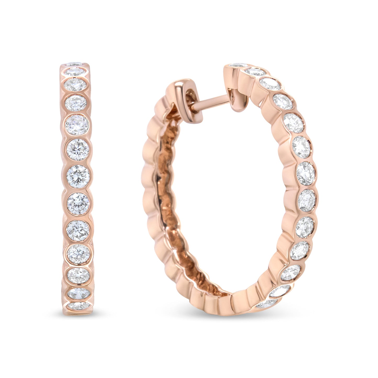 Pendientes de aro de oro rosa de 18K con diamantes redondos de 1 quilate engastados en bisel (color F-G, claridad VS1-VS2)