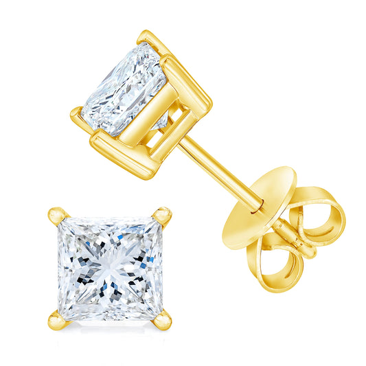 14K Yellow Gold 3/8 Cttw Princess-Cut Square Near Colorless Diamond Classic 4-Prong Solitaire Stud - view 2