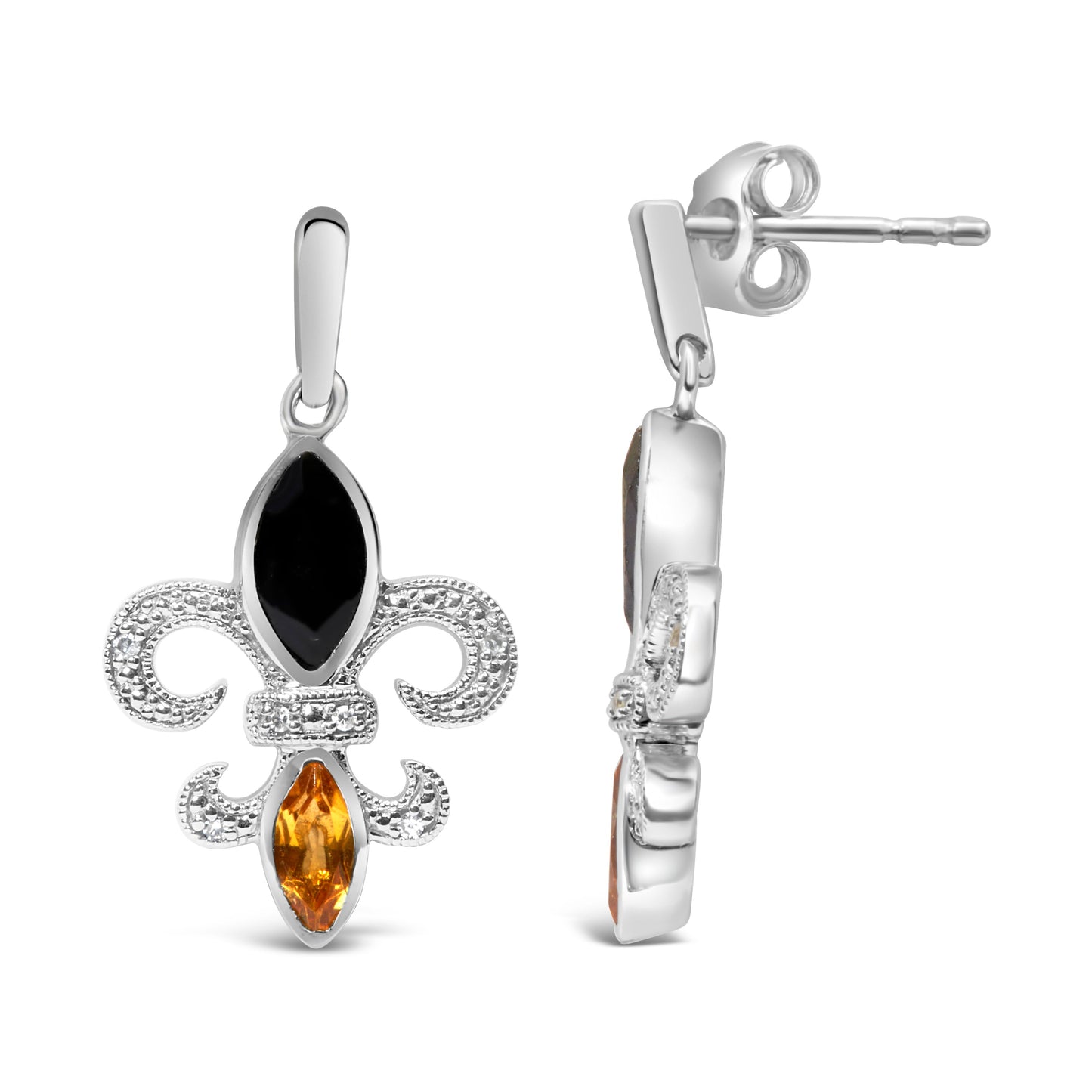 Pendientes colgantes de plata de ley .925 con forma de flor de lis, ónix y citrino talla marquesa con acento de diamante (color H-I, claridad SI1-SI2)