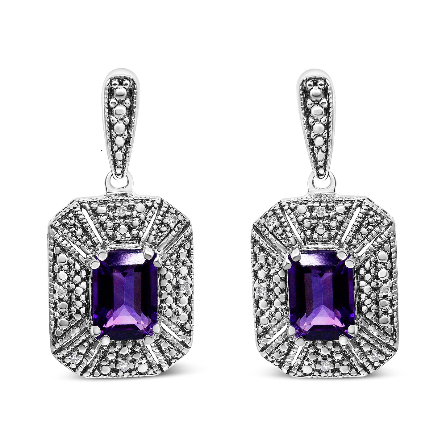 Pendientes de tuerca de plata de ley .925 con detalles de diamante y amatista morada de 7x5 mm (color I-J, claridad I2-I3)