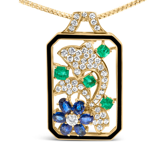 Colgante-collar y broche convertible de oro amarillo de 18K con diamante, zafiro y esmeralda de 2 1/3 Cttw, diseño de chapa de identificación con silueta de delfín de 45,72 cm (color G-H, claridad SI1-SI2)