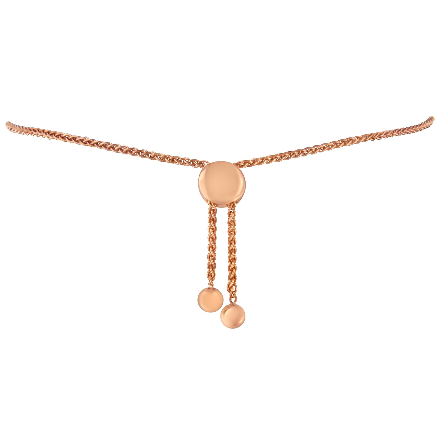 Pulsera ajustable tipo bolo de 15 a 25 cm con eslabones de círculo y corazón con acentos de diamante en plata de ley .925 bañada en oro rosa de 14 quilates