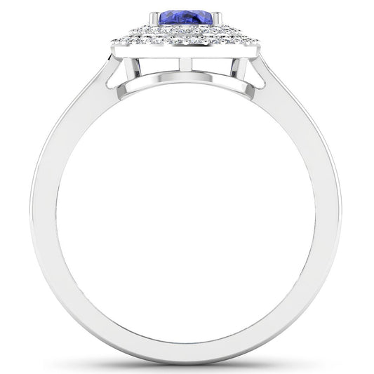 Anillo de tanzanita auténtica de 0,91 quilates y diamante blanco en oro blanco de 14 quilates