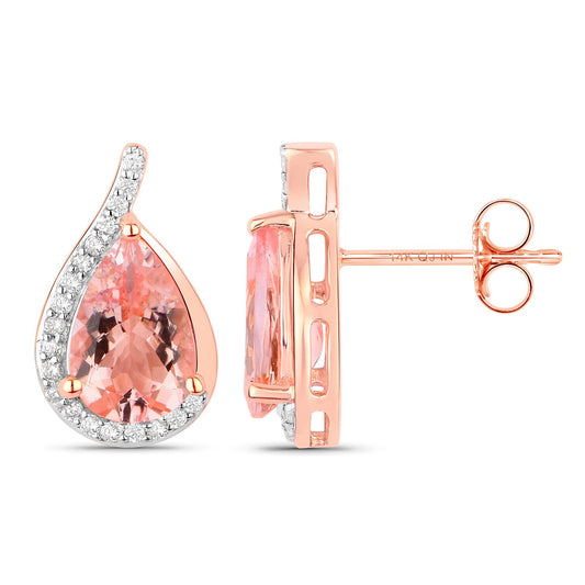 Pendientes de oro rosa de 14 quilates con morganita genuina de 2,43 quilates y diamantes blancos