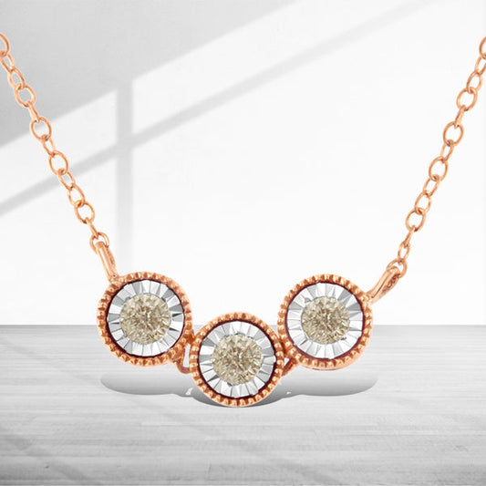 Collar de plata de ley .925 chapado en oro rosa y blanco de 10K con triple círculo de diamantes champán de 1/4 Cttw con engaste milagroso de 45,7 cm (Claridad I2-I3)