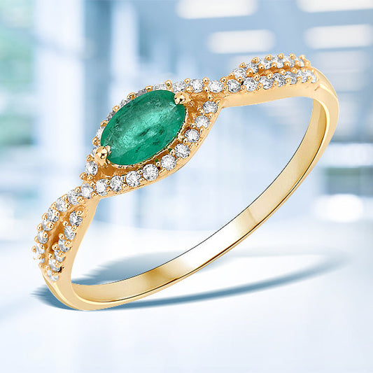 Anillo de oro amarillo de 14 quilates con esmeralda zambiana auténtica de 0,32 quilates y diamante blanco