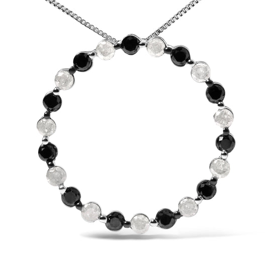 Collar con colgante de aro abierto de plata de ley .925 con diamantes blancos y negros alternados de 1 3/4 quilates (color H-I, claridad I2-I3) - 18 pulgadas