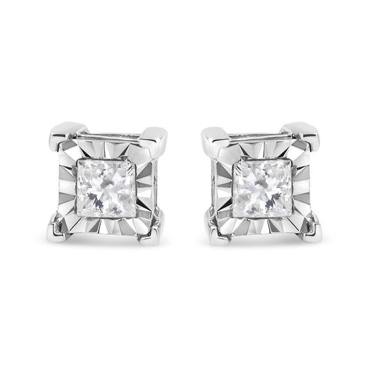 Pendientes de tuerca solitario con diamantes de talla princesa de 1/2 quilate, engaste milagro, plata de ley .925 (color I-J, claridad SI1-SI2)