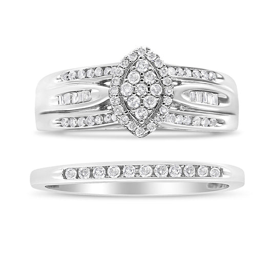 Conjunto de Compromiso y Boda de Plata Esterlina .925 con Diamantes Redondos y Talla Baguette de 0.50 Cttw (Color I-J, Claridad I1-I2) - Talla 7