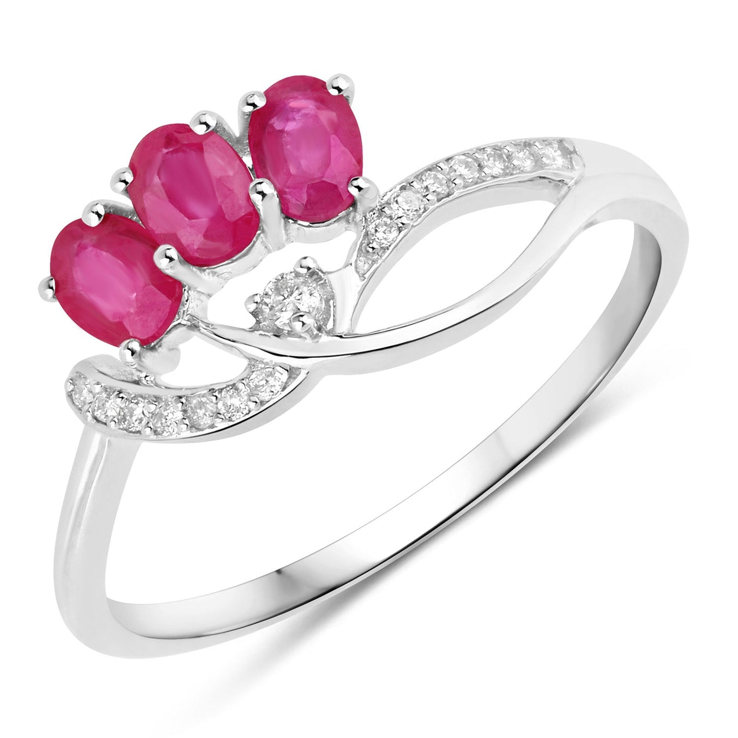 Anillo de oro blanco de 14K con rubí auténtico de 0,71 quilates y diamantes blancos