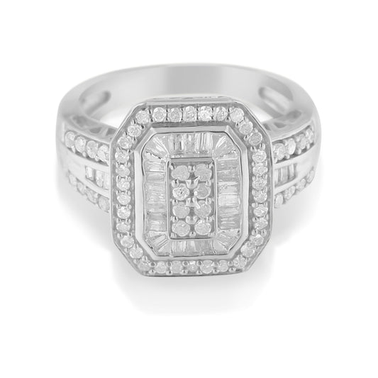 Anillo de cóctel de plata de ley .925 con diseño de octágono alargado y diamantes redondos y baguette de 1,0 Cttw (color H-I, claridad I2-I3) - Talla 7