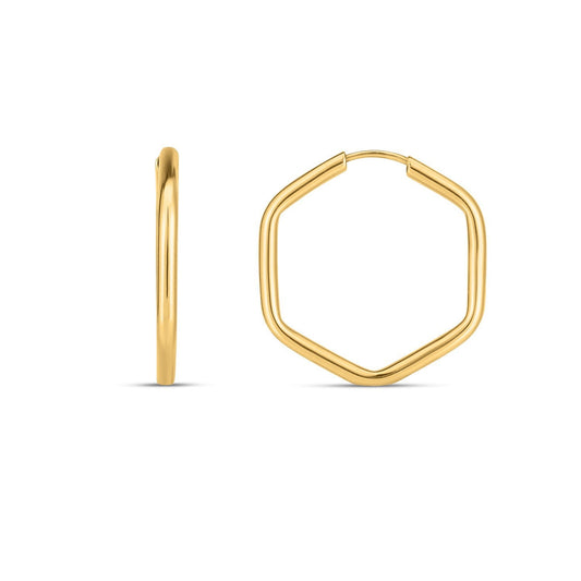 Pendientes de aro hexagonales sin fin de oro amarillo de 14k