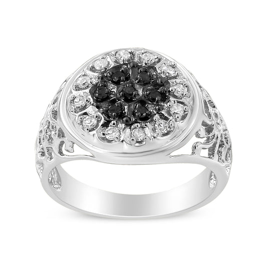 Anillo de plata de ley .925 con halo de diamantes blancos y negros de 1/4 quilate para hombre (Color I-J, Claridad I3) - Talla 10