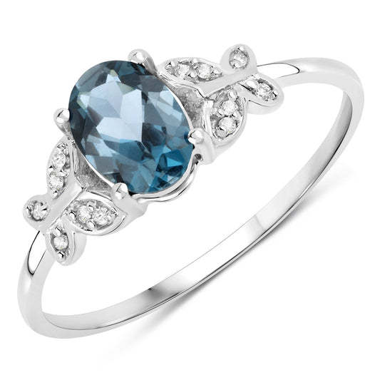 Anillo de oro blanco de 14K con topacio azul Londres auténtico de 0,93 quilates y diamantes blancos
