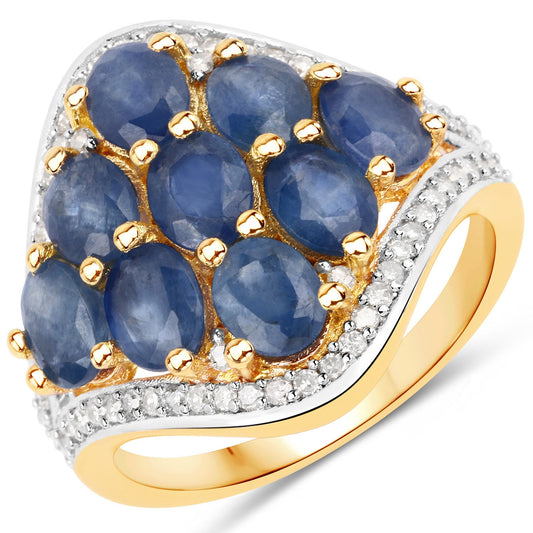 Anillo de plata de ley .925 con zafiro azul genuino de 3.39 quilates y diamantes blancos