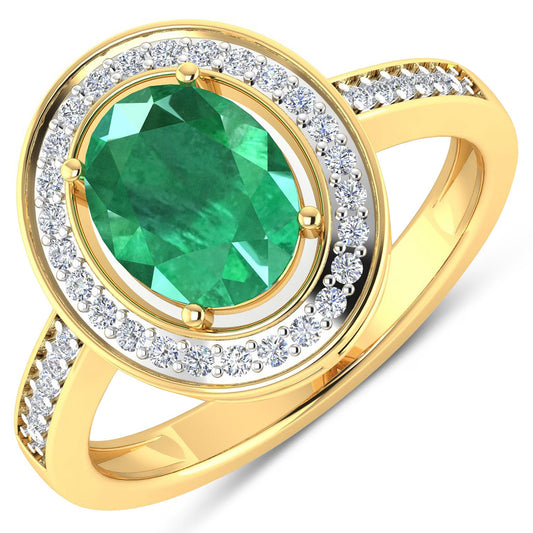 Anillo de oro amarillo de 14 quilates con auténtica esmeralda zambiana de 1,87 quilates y diamantes blancos