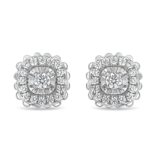 Aretes tipo dormilona con halo de racimo de diamantes de talla redonda de 1/2 quilate (color I-J, claridad I2-I3) en plata de ley .925