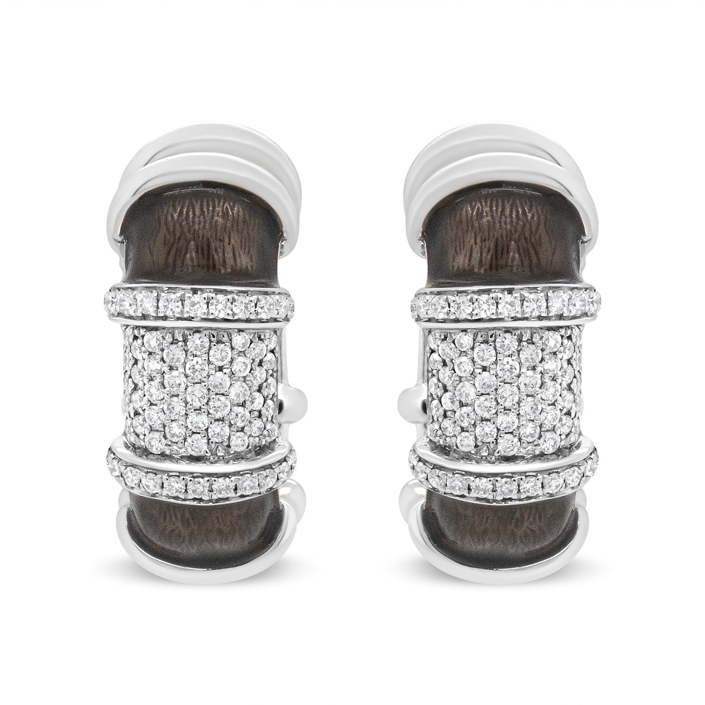 Pendientes de aro Huggie de plata de ley .925 con baño de oro blanco de 18 quilates, esmalte gris grafito transparente y diamantes redondos de 5/8 Cttw (color F-G, claridad VS1-VS2)