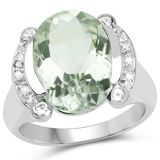 Anillo de plata de ley .925 con amatista verde genuina de 8,12 quilates, topacio blanco y diamante blanco