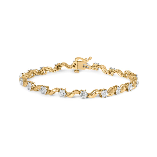 Pulsera de 10k Oro Amarillo con 1.00 Cttw de Diamantes Redondos, Diseño Floral en S, de 7.50" (Color I-J, Claridad I2-I3)