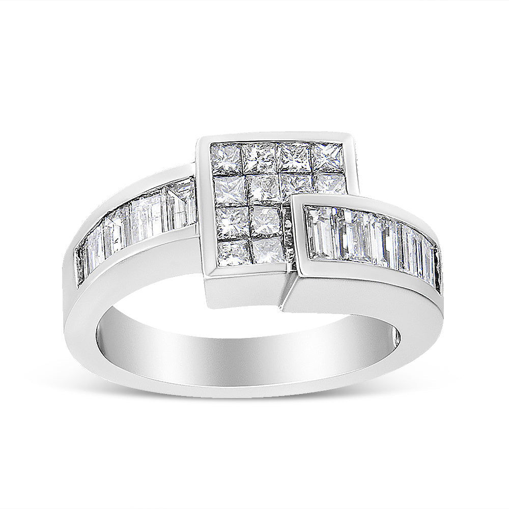 Anillo de oro blanco de 14K con diamantes de talla princesa engastados de forma invisible y diamantes de talla baguette engastados en canal, con diseño geométrico y banda cruzada (color G-H, claridad SI2-I1) - Talla 7
