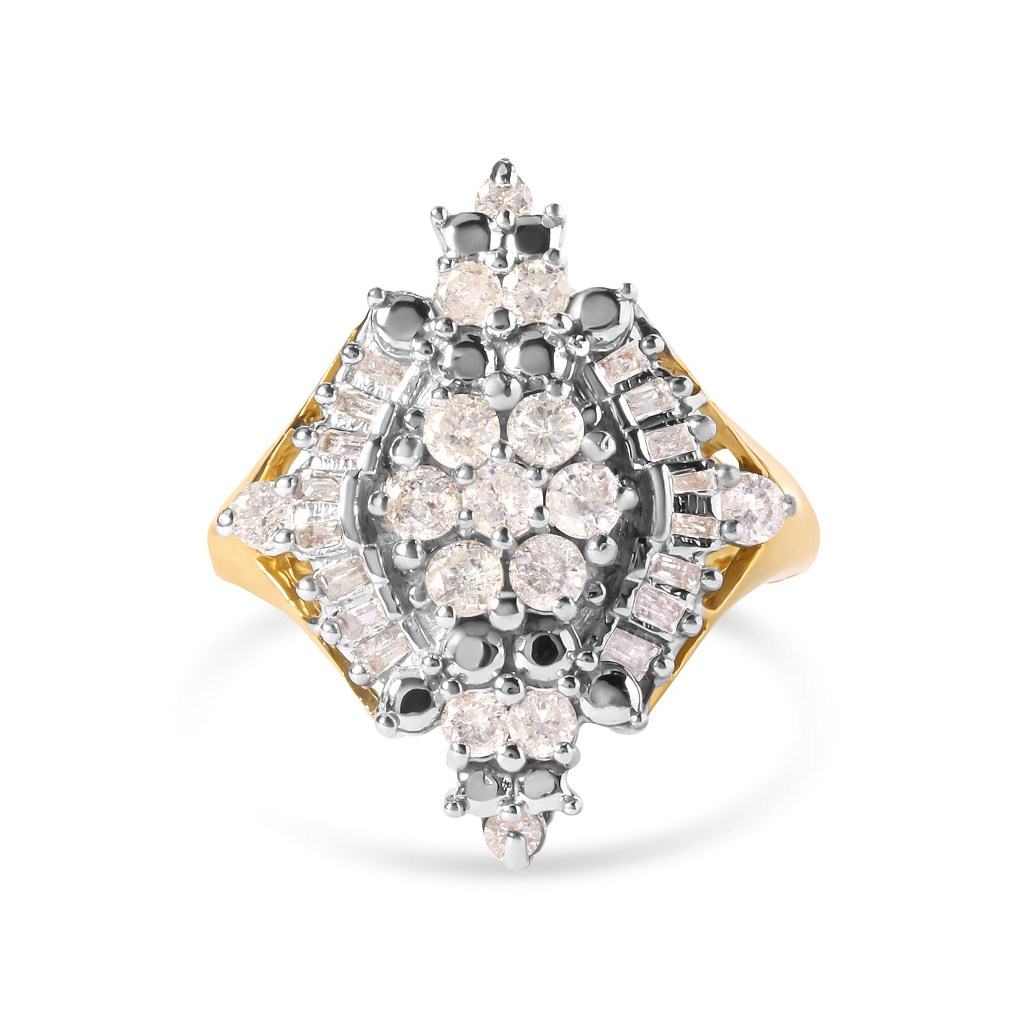 Anillo de oro amarillo de 10K con racimo de diamantes redondos y de talla baguette de 1 quilate de peso total y halo de rombos (color H-I, claridad I1-I2) - Talla 7