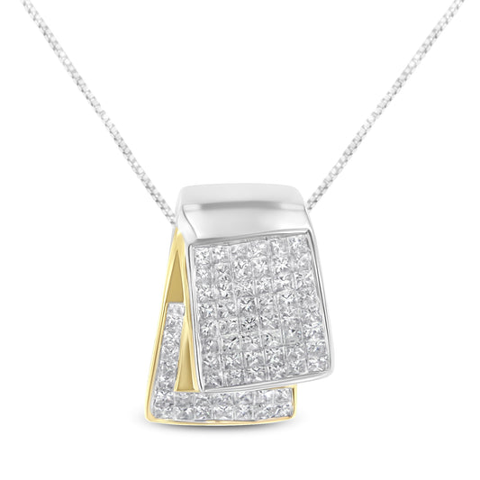 Collar con colgante de caja plegable de oro blanco y amarillo de 14 quilates con diamantes de talla princesa de 2,0 quilates en dos tonos, cadena tipo box de 18 pulgadas (color H-I, claridad SI1-SI2)