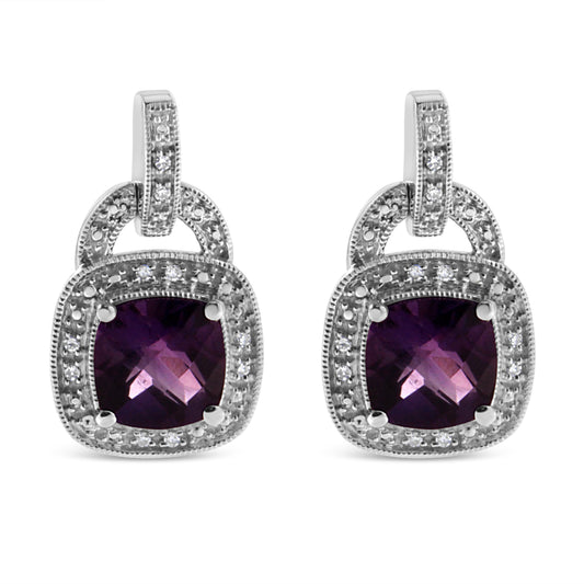 Pendientes colgantes de plata de ley .925 de 8 mm con halo de amatista natural talla cojín y acento de diamante con cierre a presión (color I-J, claridad I2-I3)